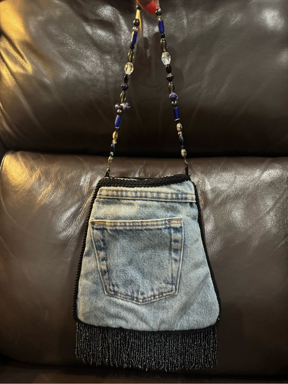 Vintage Boho Denim Beaded Fringe Mini Bag - Blue & Black